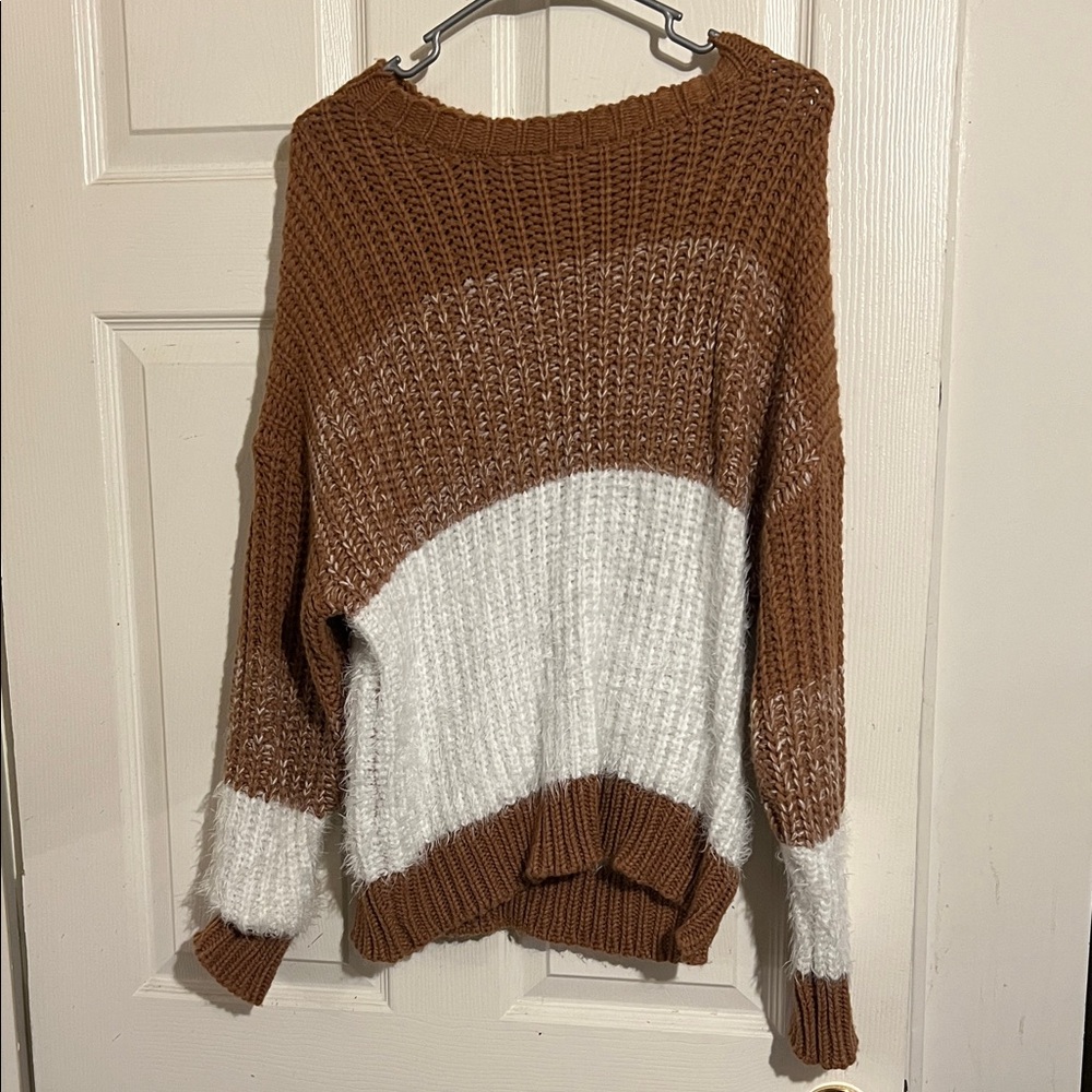 She + Sky Brown and White Crew Neck Sweater